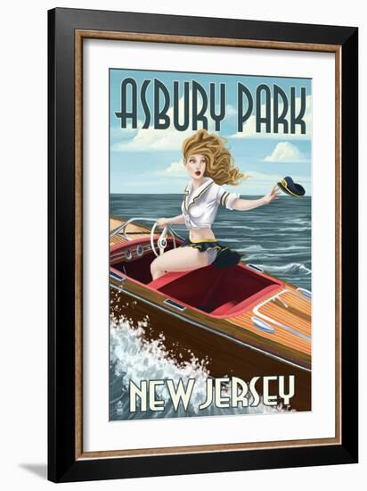 Asbury Park, New Jersey - Pinup Girl Boating-Lantern Press-Framed Art Print