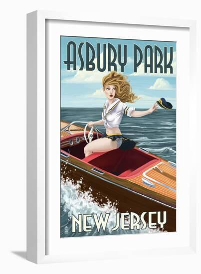 Asbury Park, New Jersey - Pinup Girl Boating-Lantern Press-Framed Art Print