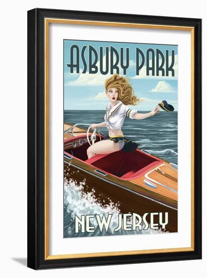 Asbury Park, New Jersey - Pinup Girl Boating-Lantern Press-Framed Art Print