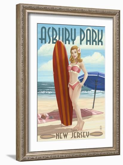 Asbury Park, New Jersey - Surfer Pinup Girl-Lantern Press-Framed Art Print