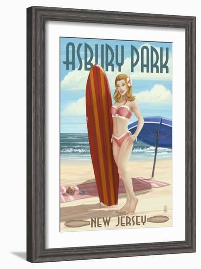 Asbury Park, New Jersey - Surfer Pinup Girl-Lantern Press-Framed Art Print