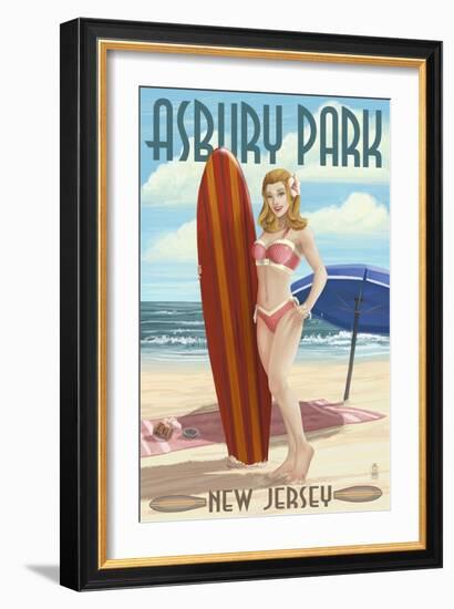 Asbury Park, New Jersey - Surfer Pinup Girl-Lantern Press-Framed Art Print