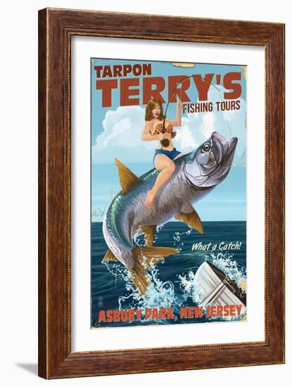 Asbury Park, New Jersey - Tarpon Fishing Pinup Girl-Lantern Press-Framed Art Print