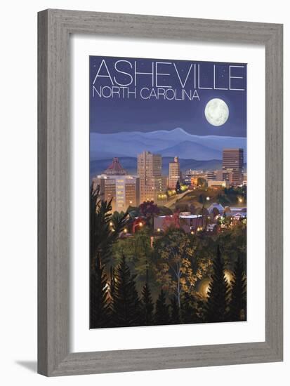 Asheville, North Carolina - Skyline at Night-Lantern Press-Framed Art Print