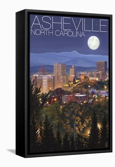 Asheville, North Carolina - Skyline at Night-Lantern Press-Framed Stretched Canvas