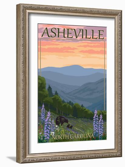 Asheville, North Carolina - Spring Flowers and Bear Family-Lantern Press-Framed Art Print