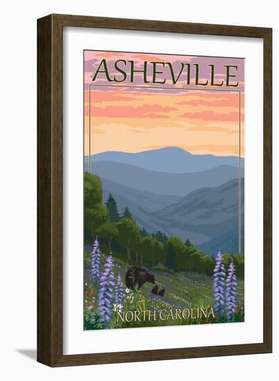 Asheville, North Carolina - Spring Flowers and Bear Family-Lantern Press-Framed Art Print