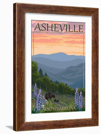 Asheville, North Carolina - Spring Flowers and Bear Family-Lantern Press-Framed Art Print