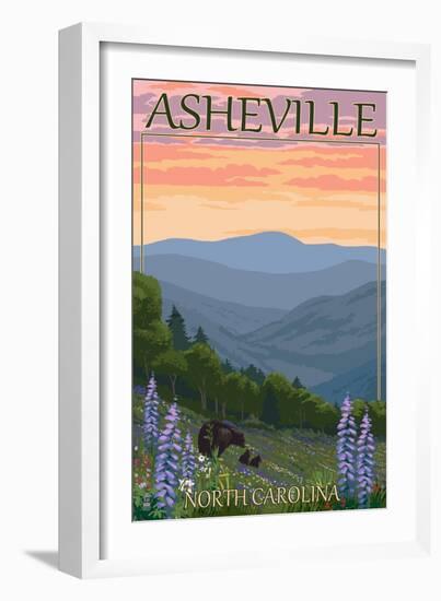 Asheville, North Carolina - Spring Flowers and Bear Family-Lantern Press-Framed Art Print