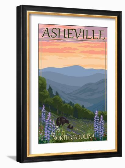 Asheville, North Carolina - Spring Flowers and Bear Family-Lantern Press-Framed Art Print