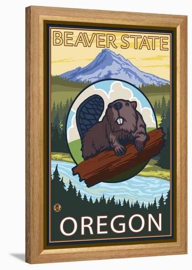 Ashland, Oregon - Beaver and Mountain-Lantern Press-Framed Stretched Canvas