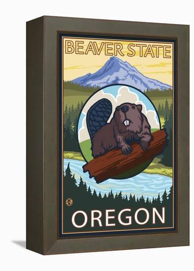 Ashland, Oregon - Beaver and Mountain-Lantern Press-Framed Stretched Canvas