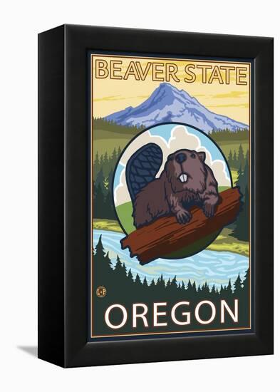 Ashland, Oregon - Beaver and Mountain-Lantern Press-Framed Stretched Canvas