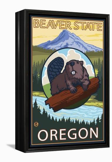 Ashland, Oregon - Beaver and Mountain-Lantern Press-Framed Stretched Canvas