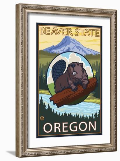 Ashland, Oregon - Beaver and Mountain-Lantern Press-Framed Art Print