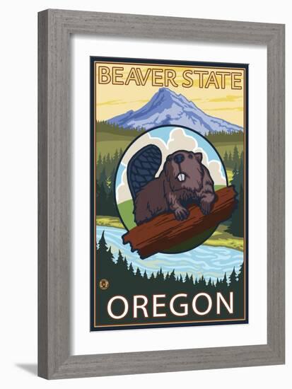 Ashland, Oregon - Beaver and Mountain-Lantern Press-Framed Art Print