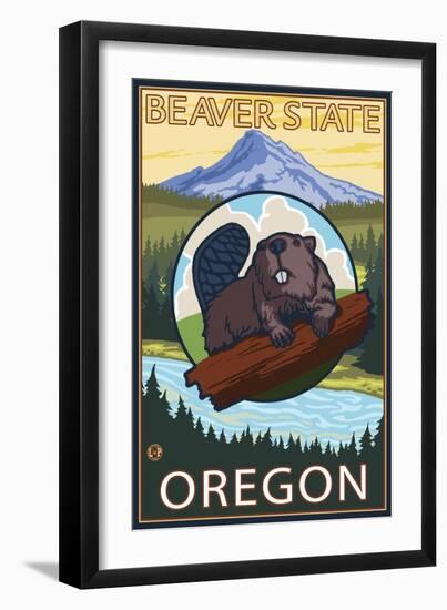 Ashland, Oregon - Beaver and Mountain-Lantern Press-Framed Art Print