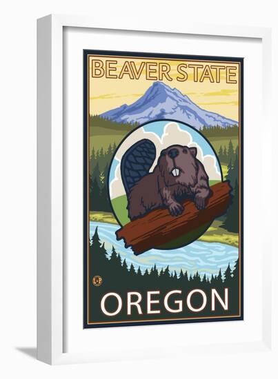 Ashland, Oregon - Beaver and Mountain-Lantern Press-Framed Art Print