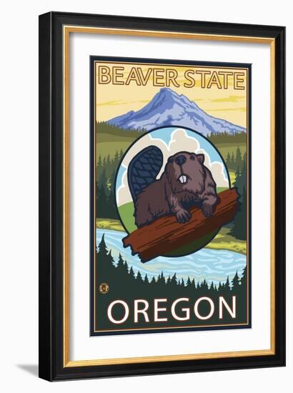 Ashland, Oregon - Beaver and Mountain-Lantern Press-Framed Art Print