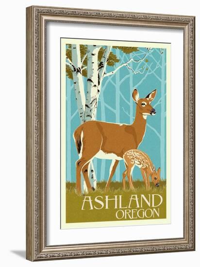 Ashland, Oregon - Deer and Fawn - Letterpress-Lantern Press-Framed Art Print