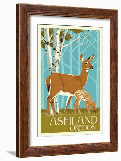 Ashland, Oregon - Deer and Fawn - Letterpress-Lantern Press-Framed Art Print