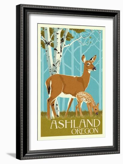 Ashland, Oregon - Deer and Fawn - Letterpress-Lantern Press-Framed Art Print