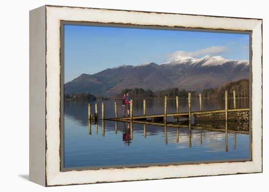 Ashness Boat Landing, Two Walkers Enjoy the Skiddaw Range, Derwentwater-James Emmerson-Framed Premier Image Canvas