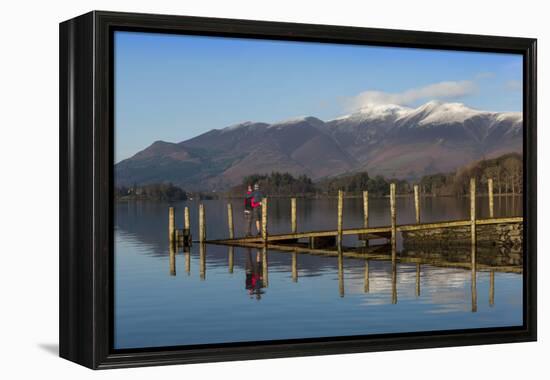 Ashness Boat Landing, Two Walkers Enjoy the Skiddaw Range, Derwentwater-James Emmerson-Framed Premier Image Canvas