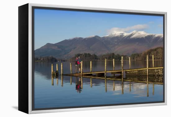 Ashness Boat Landing, Two Walkers Enjoy the Skiddaw Range, Derwentwater-James Emmerson-Framed Premier Image Canvas