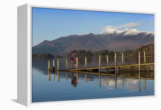 Ashness Boat Landing, Two Walkers Enjoy the Skiddaw Range, Derwentwater-James Emmerson-Framed Premier Image Canvas