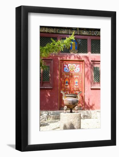 Asia, Mongolia, Ulaanbaatar, Gandantegchinlen Monastery. Urn in Front of Datsun Door-Emily Wilson-Framed Photographic Print