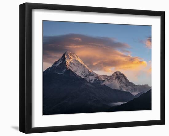 Asia, Nepal. Annapurna South (7,219 Meter) and clouds at sunrise, viewed from Poon Hill.-Merrill Images-Framed Photographic Print