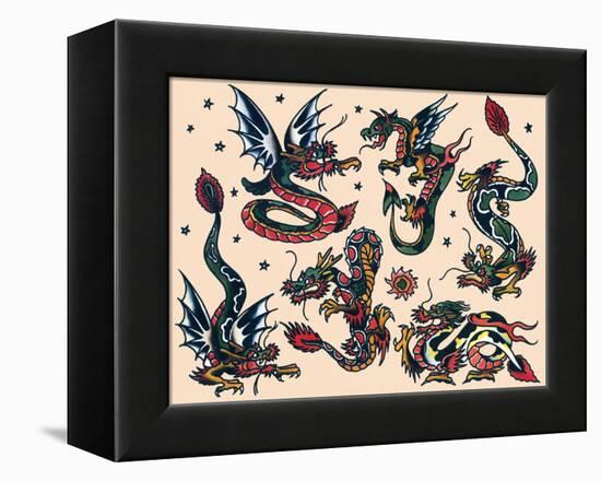 Asian Dragons, Authentic Vintage Tatooo Flash by Norman Collins, aka, Sailor Jerry-Piddix-Framed Stretched Canvas