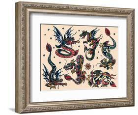 Asian Dragons, Authentic Vintage Tatooo Flash by Norman Collins, aka, Sailor Jerry-Piddix-Framed Art Print