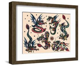 Asian Dragons, Authentic Vintage Tatooo Flash by Norman Collins, aka, Sailor Jerry-Piddix-Framed Art Print
