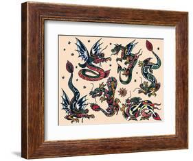 Asian Dragons, Authentic Vintage Tatooo Flash by Norman Collins, aka, Sailor Jerry-Piddix-Framed Art Print