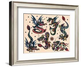 Asian Dragons, Authentic Vintage Tatooo Flash by Norman Collins, aka, Sailor Jerry-Piddix-Framed Art Print
