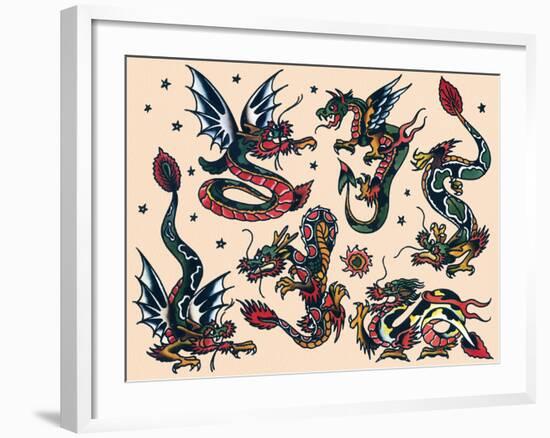 Asian Dragons, Authentic Vintage Tatooo Flash by Norman Collins, aka, Sailor Jerry-Piddix-Framed Art Print