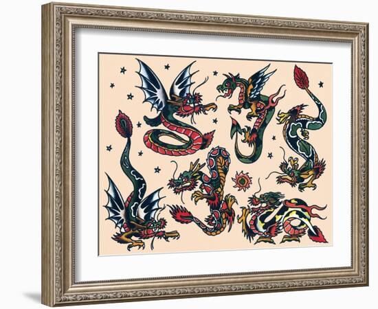 Asian Dragons, Authentic Vintage Tatooo Flash by Norman Collins, aka, Sailor Jerry-Piddix-Framed Art Print