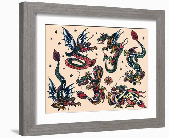 Asian Dragons, Authentic Vintage Tatooo Flash by Norman Collins, aka, Sailor Jerry-Piddix-Framed Art Print