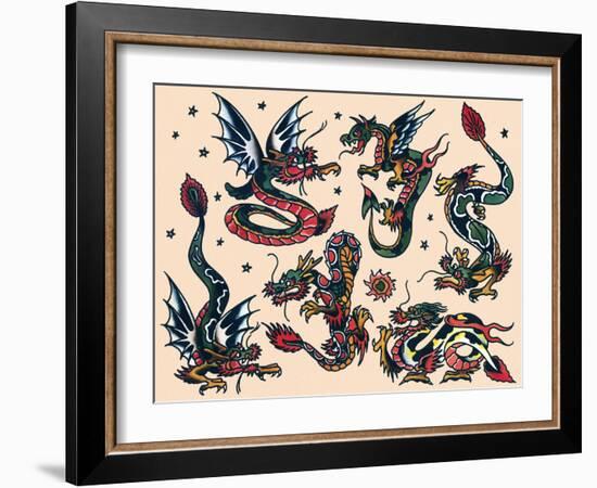 Asian Dragons, Authentic Vintage Tatooo Flash by Norman Collins, aka, Sailor Jerry-Piddix-Framed Art Print