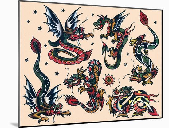 Asian Dragons, Authentic Vintage Tatooo Flash by Norman Collins, aka, Sailor Jerry-Piddix-Mounted Art Print