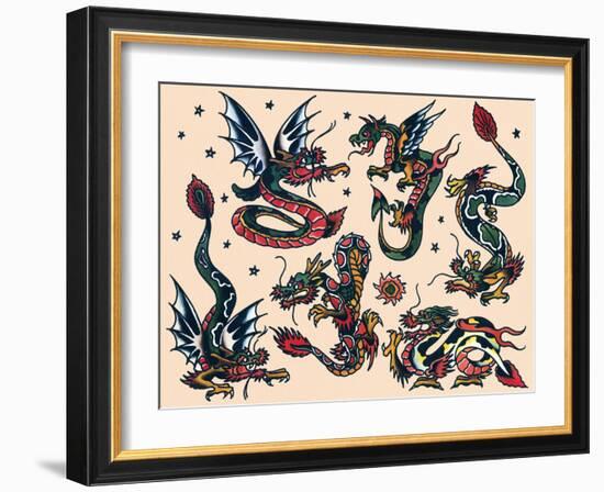 Asian Dragons, Authentic Vintage Tatooo Flash by Norman Collins, aka, Sailor Jerry-Piddix-Framed Art Print