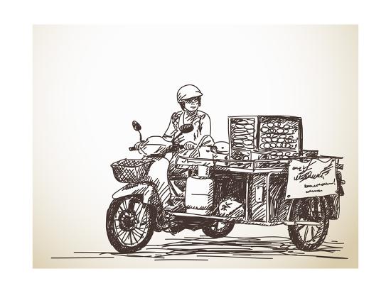 Asian Street Food On Motorbike Hand Drawn Vector Sketch Art Print