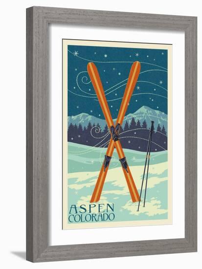 Aspen, Colorado - Crossed Skis-Lantern Press-Framed Art Print