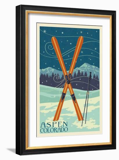 Aspen, Colorado - Crossed Skis-Lantern Press-Framed Art Print