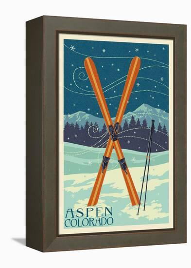 Aspen, Colorado - Crossed Skis-Lantern Press-Framed Stretched Canvas