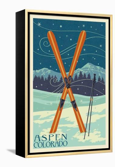 Aspen, Colorado - Crossed Skis-Lantern Press-Framed Stretched Canvas