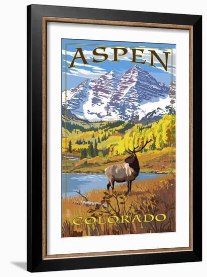 Aspen, Colorado - Mountains and Elk-Lantern Press-Framed Art Print