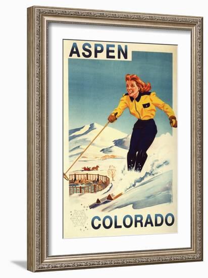 Aspen, Colorado - Red-Headed Woman Skiing-Lantern Press-Framed Art Print